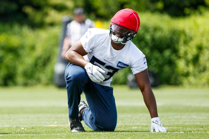 Seattle Seahawks linebacker Boye Mafe (53) participates in an OTA workout at the Virginia Mason Athletic Center.